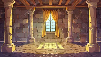 Cartoon background of a castle royal ballroom with a curtain on the window. Dance hallway with a column for a wedding