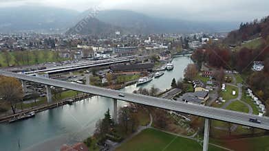 Areal 4k footage for river along with the city at Interlaken, Switzerland