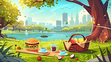 Modern cartoon illustration of picnic under a tree in a public garden with fresh fruit, burger and coffee on the grass.