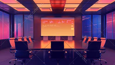 Business conference room with table, chairs, screen, and board for presentations, discussions, and training at night
