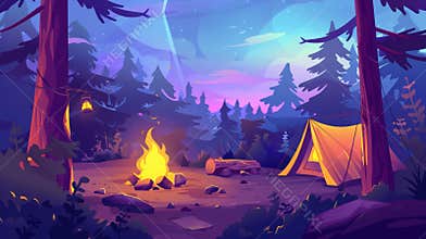 Campout in the forest with bonfire, tent, backpack and lantern. Cartoon landscape with campsite, trees, log and bowler