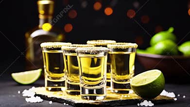 Tequila Shots With Lime Wedges and Salt on a Dark Table