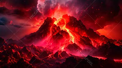 Volcanic eruption in the mountains. 3D illustration. Fantasy, Lava flowing into