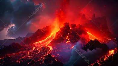 D render of volcano eruption at sunset, Lava spurting out of the crater and a reddish-illuminated smoke cloud, lava flows, an
