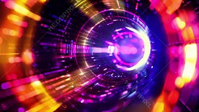 The background swirls with neon hues and pixelated blurs giving a sense of corrupted technology and malfunctioning