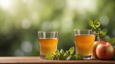 Apple juice in glass with apples mint leaves on blurred background, perfect for text placement