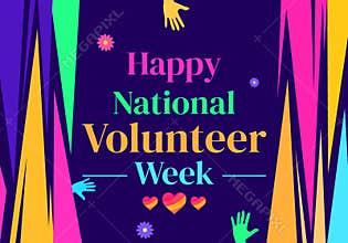 Happy National Volunteer Week Backdrop Design with colorful hearts, flowers and typography greetings