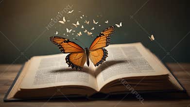 Open book with butterflies flying