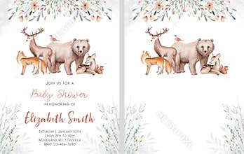 Woodland cartoon Animals watercolor illustration template. Pre made frame for baby shower, birthday invitation kids baby deer, fox