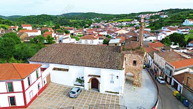 Aerial view Spain Square and the Parish Church of Saint Anne in the Santa Ana Valley