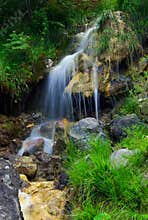 Beautiful waterfall in the forest making its way between rocks and green bushes