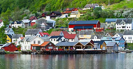 Village and Sea in Geiranger fjord, Norway