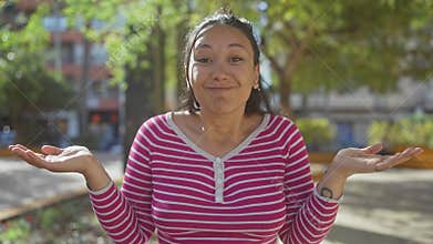A confused young hispanic woman in a striped shirt stands with open hands in a sunny park