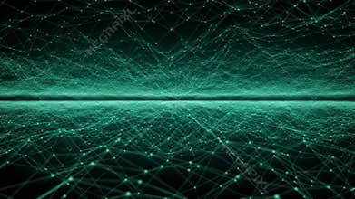 Abstract digital space with glowing stars and plexus structures on a shiny dark background