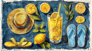 summer clipart collection, fun summer clipart package includes illustrations of lemonade glass, beach hat, and flip