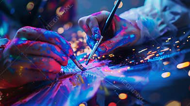 A closeup of a patients hands as they use specialized brushes in a virtual reality painting program fully immersed in