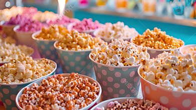 Numerous cups filled with popcorn arranged on a table. Table Filled With Popcorn-Filled Cups