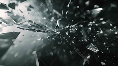 A minimalist depiction of a symmetrical crystal structure shattering into asymmetrical pieces representing the breaking