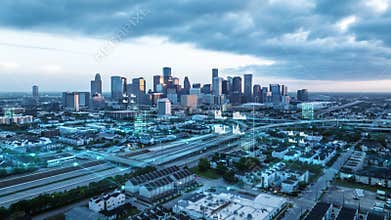 Captivating american skyline with dynamic data visualization overlays showcasing urban technology and futuristic city