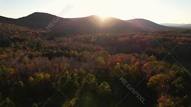 Drone Fly Towards Sun Flare Landscape Fall Foliage Trees