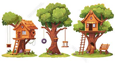 An isolated illustration of a hut or tree house for play, games and activities for children. Cartoon modern illustration