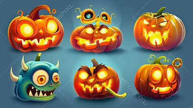 The Jack-o-lantern emoji is a cartoon character, with glowing eyes and a toothy mouth. Halloween pumpkin funny faces