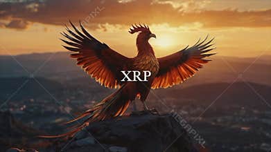 A phoenix bird stands with outstretched wings on top of a mountain at sunrise, generated by Ai.