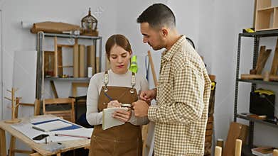A woman and man collaborate in a carpentry workshop, surrounded by wood, tools, and workbench