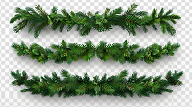 A realistic modern illustration of a pine tree branch christmas garland set with green needles on a transparent