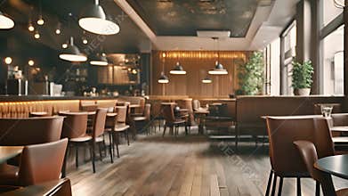 Cozy empty cafe interior with warm lighting and wooden furniture. Inviting coffee shop setting. Modern restaurant design