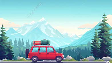 Driving forest highway toward mountains with luggage on top. Modern cartoon illustration of red auto with suitcases