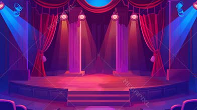 Stage scene of a cartoon theater concert with a red curtain and spotlight modern background. Music podium in empty