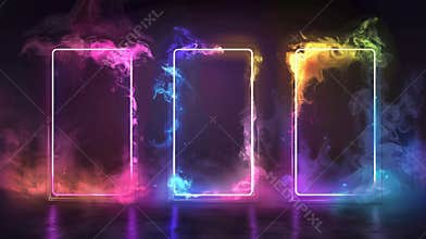 An innovative neon luminous gradient frame with smoke clouds. A realistic modern set of a glowing game portal door with