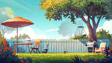 House patio with fence, furniture for picnic with barbecue, green grass and tree, modern cartoon illustration of summer