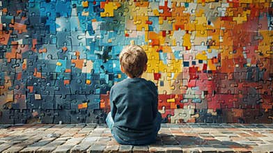 Back view of a young child sitting in front of a colorful puzzle wall, symbolizing autism awareness
