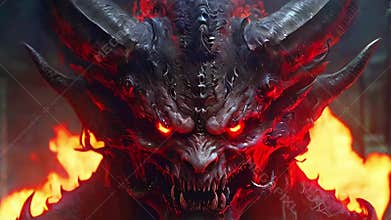 Description: Dark horned demon with glowing red eyes in a fire-lit backdrop. Hellish creature in a hell. Concept of