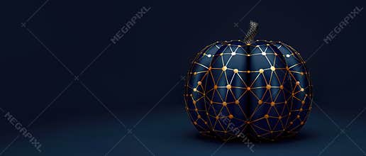 Dark blue pumpkin with geometric golden patterns and cutouts, creating an elegant and modern design against a dark