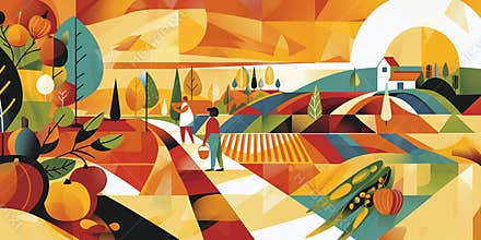 Modern harvest festival banner features geometric patterns