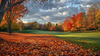 Autumn colors on a golf course under dramatic skies