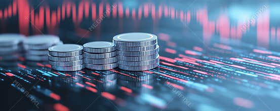 Holographic economic drop, virtual business downturn, futuristic price fall, dark digital theme