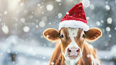 Cute Cow Wearing Christmas Hat in Snowy Winter Wonderland - Perfect for Holiday Greetings and Decorations