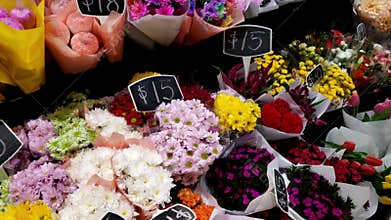 Variety of cut flowers arranged in bouquets with splashes of different vibrant colors