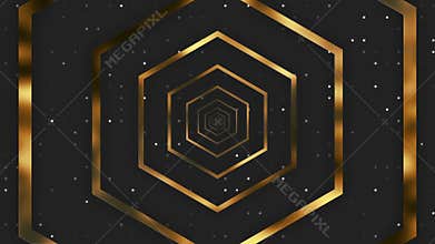 Black background with gold hexgon repeater, sparkling dots.