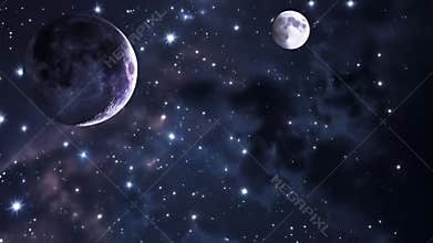 Starry night sky with moon and planets in a cosmic scene
