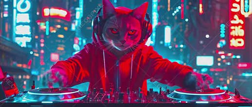 Futuristic DJ cat mixing tracks in neon-lit cityscape.