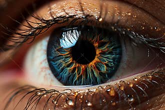 Detailed macro view of human eye in captivating shades of blue and vibrant tones of orange