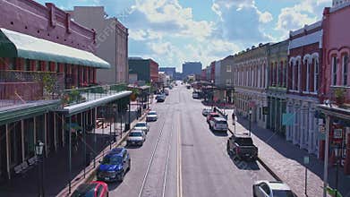 drone footage of the historic strand district in downtown galveston texas