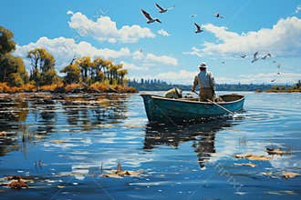 Serene daytime fishing scene with bald man on bass boat, colorful illustration of seagulls