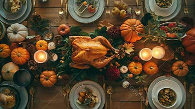 Festive Thanksgiving Table Setting With Roasted Turkey, Pumpkins, Candles, And Seasonal Decorations. Top view