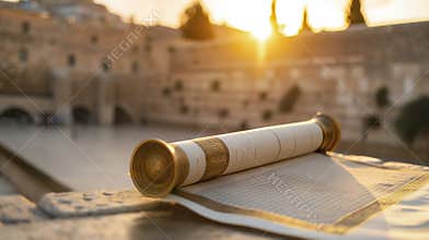 The ancient scroll of wisdom in sunlight, placed on a stone surface near the historic wall, illuminated by the golden